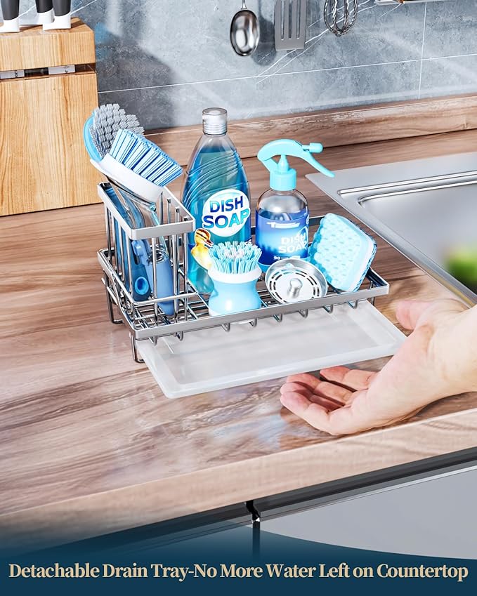 Consumest Sink Caddy, Kitchen Sponge Holder with Dish Brush Holder, Kitchen Sink Organizer with Drip Tray for Countertop Stainless Steel Rustproof, Silver-Large - Image 4