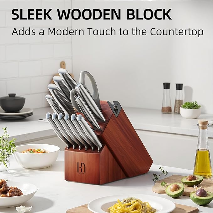 KnifeSaga Knife Set Premium, Japanese High Carbon Stainless Steel 14 Pcs Kitchen Knives Block Set with Built-in Sharpener and Wood Block, Razor Sharp Knife Sets for Kitchen with Ergonomic Handle - Image 7