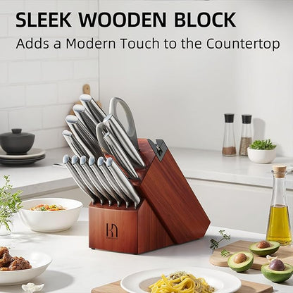 KnifeSaga Knife Set Premium, Japanese High Carbon Stainless Steel 14 Pcs Kitchen Knives Block Set with Built-in Sharpener and Wood Block, Razor Sharp Knife Sets for Kitchen with Ergonomic Handle - Image 7