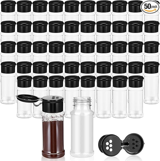 50 Pcs Clear Plastic Spice Jars with Black Shaker Lids Plastic Spice Bottles 3.3 Oz/100ml Empty Seasoning Containers for Powders, and Spices
