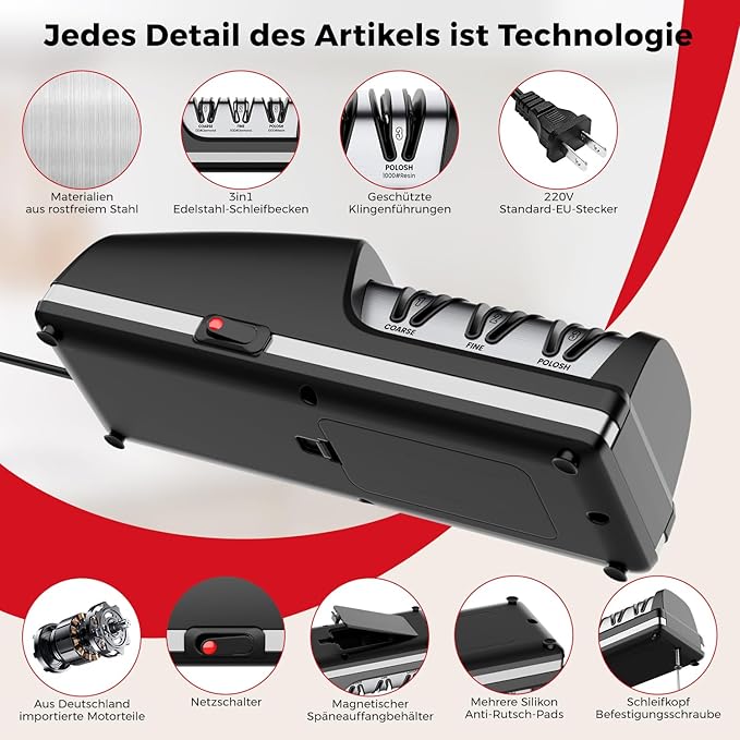Professional Electric Knife Sharpener, 3-Stage Diamond Abrasive Sharpening System, Replaceable Sharpening Heads, 15° Precision Angle Guide for Kitchen Knives, Quick Blade Repair and Restoration - Image 7
