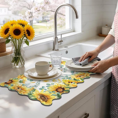 LOKHOM Scalloped Floral Dish Drying Mat, 12"x20" Super Absorbent Coffee Mat with Watercolor Yellow Sunflowers, Cuttable Hide Stain Non-slip Drying Mat for Kitchen Counter Coffee Maker Espresso Machine - Image 8