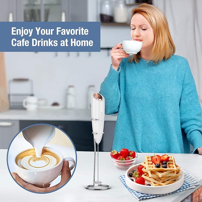 SIMPLETASTE Milk Frother Handheld Electric Foam Maker, Drink Mixer with Stainless Steel Whisk for Cappuccino, Bulletproof Coffee, Latte, White, with Stand, Battery Operated - Image 3