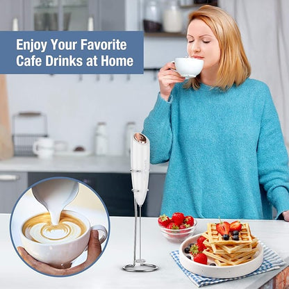 SIMPLETASTE Milk Frother Handheld Electric Foam Maker, Drink Mixer with Stainless Steel Whisk for Cappuccino, Bulletproof Coffee, Latte, White, with Stand, Battery Operated - Image 3