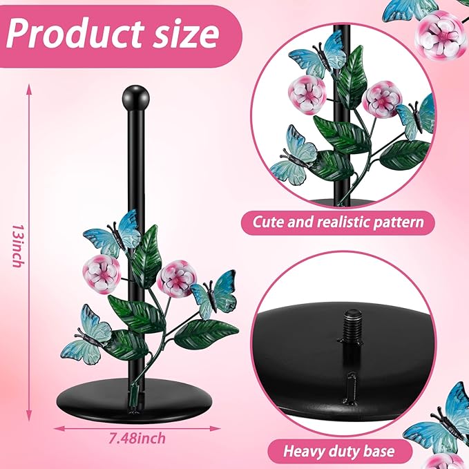 Peryiter Flower Paper Towel Holder Butterfly Kitchen Decoration Countertop Spring Farmhouse Decorative Accessory Black Metal Paper Towel Stand Weighted Base for Women Mom Grandma