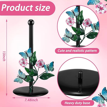 Peryiter Flower Paper Towel Holder Butterfly Kitchen Decoration Countertop Spring Farmhouse Decorative Accessory Black Metal Paper Towel Stand Weighted Base for Women Mom Grandma