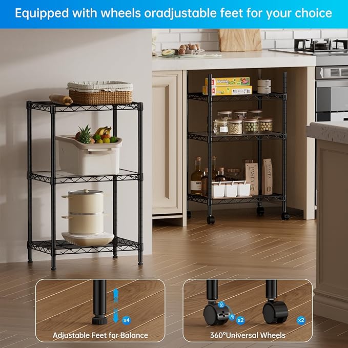 SINGAYE 3 Small Shelves Storage Shelf Wire Shelving Unit Metal Shelf Adjustable Organizers Storage Shelving with Wheels for Bathroom Laundry Room Kitchen Pantry11.5”D x 17.3”W x 30”H Black - Image 9