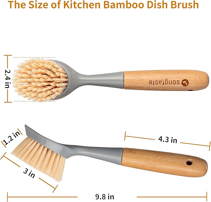 2 Pack Kitchen Dish Brush Bamboo Handle Dish Scrubber Built-in Scraper, Scrub Brush for Pans, Pots, Kitchen Sink Cleaning, Dishwashing and Cleaning Brushes are Perfect Cleaning Tools, Color-Gray - Image 6