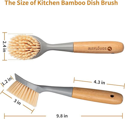2 Pack Kitchen Dish Brush Bamboo Handle Dish Scrubber Built-in Scraper, Scrub Brush for Pans, Pots, Kitchen Sink Cleaning, Dishwashing and Cleaning Brushes are Perfect Cleaning Tools, Color-Gray - Image 6