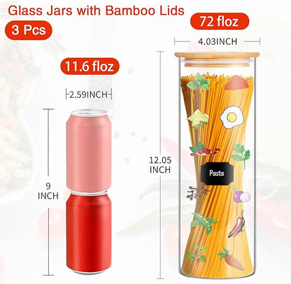 BGraceyy Glass Jars with Bamboo Lids, 72oz 3Pcs Kitchen Glass Containers with Bamboo Lids, Airtight Glass Pantry Storage Containers with Lids for Spaghetti, Pasta, Rice, Nuts, Flour, Bean, Dry Foods - Image 2