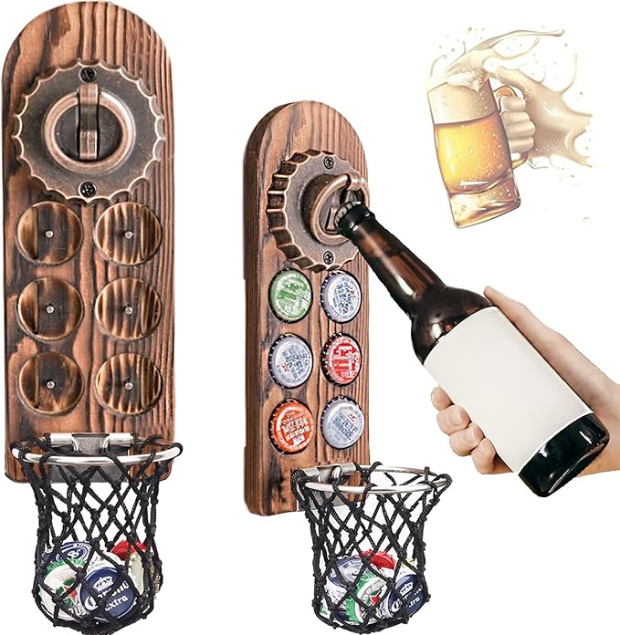 Magnetic Bottle Openers with Catcher, Wall Mounted Wooden Beer Bottle Opener, Personalised Traceless Bottle Opener, Home Bar Accessories for Kitchen, Outdoor, Ideal Beer Gifts for Men