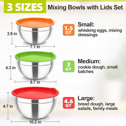 TeamFar Mixing Bowls, Stainless Steel Nesting Salad Bowls with Airtight Lids Set, For Serving/Mixing/Storing, Healthy & Long-lasting, Dishwasher Safe & Easy Clean, 4.6/3 / 1.5 QT, Colorful - Image 2