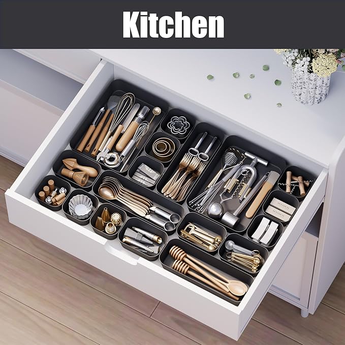 Plastic Drawer Organizers, 10 PCS Drawer Organizer Bins, Bathroom and Vanity Organizer Plastic Tray, Makeup Organizer and Storage for Makeup, Bedroom, Kitchen Gadgets Utensils and Office (Black) - Image 5