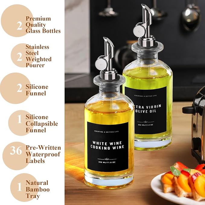 Olive Oil Dispenser Bottle with Bamboo Tray, GIXSEGIE Oil and Vinegar Dispenser Set w.Metal Pour Spout, Coffee Syrup Dispenser, Olive Oil Cruet Cooking Oil Dispenser, Oil Container Bottles for Kitchen - Image 4
