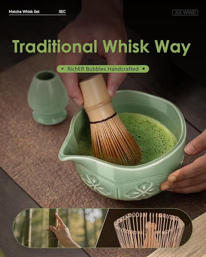 Matcha Whisk Set, Ceramic Matcha Bowl, Bamboo Whisk, Scoop, Sifter, Holder, Tea Towel - 6 Pcs Matcha Kit Gift for Matcha Lovers Beginners (Green) - Image 5
