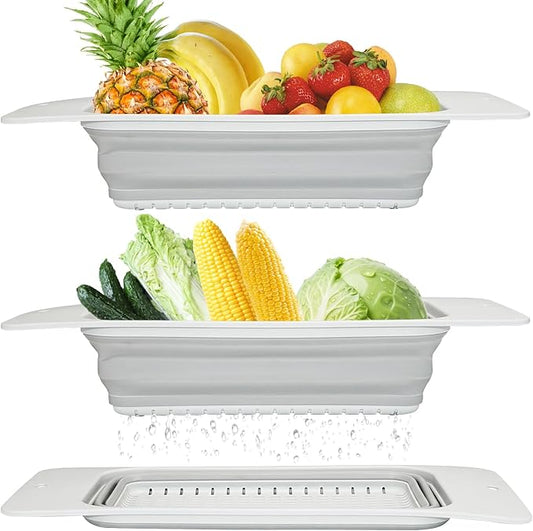 Collapsible Colander Silicone Kitchen Strainer, Over The Sink Strainer Basket for Wash Vegetables and Fruits, Drain Cooked Pasta and Dry Dishes, New Kitchen Essentials - Gray