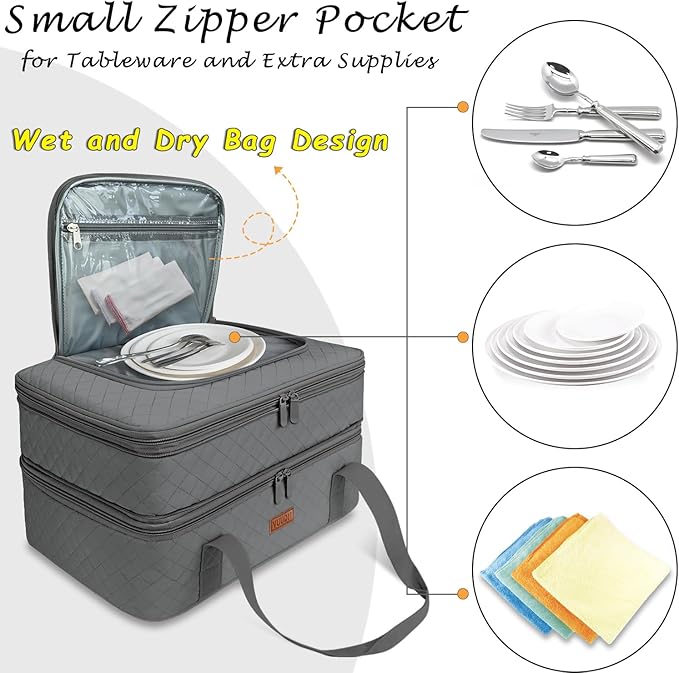 Quilted Double Decker Casserole Carrier - Expandable Dish Carrying Case for Hot or Cold Food, Lasagna Holder for Potluck Parties, Picnic, Beach, Fits 9"×13" Baking Dish (Grey)