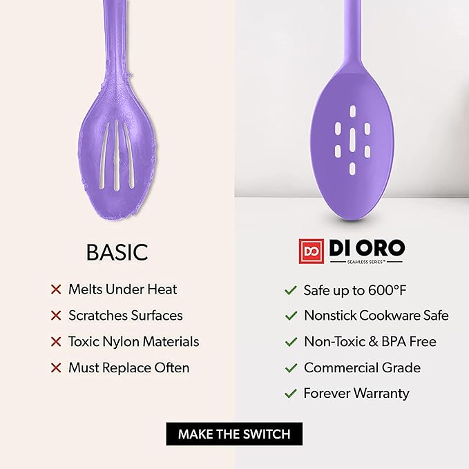 DI ORO Silicone Spoons for Cooking - Large Kitchen Spoons for Mixing, Serving & Stirring - 600°F Heat-Resistant Non Stick Utensils – Big Solid & Slotted Basting Spoon - Dishwasher Safe (2pc, Lavender) - Image 7