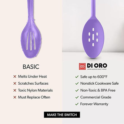DI ORO Silicone Spoons for Cooking - Large Kitchen Spoons for Mixing, Serving & Stirring - 600°F Heat-Resistant Non Stick Utensils – Big Solid & Slotted Basting Spoon - Dishwasher Safe (2pc, Lavender) - Image 7