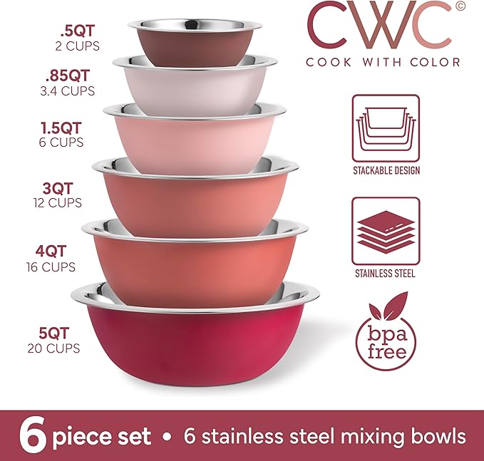 COOK WITH COLOR Stainless Steel Mixing Bowls Set - Nesting Bowls, 6 Pieces, Rose - Image 2