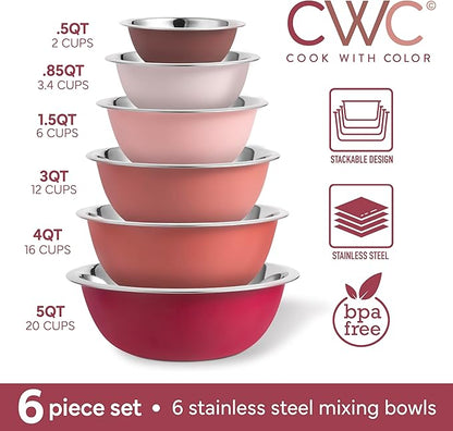 COOK WITH COLOR Stainless Steel Mixing Bowls Set - Nesting Bowls, 6 Pieces, Rose - Image 2