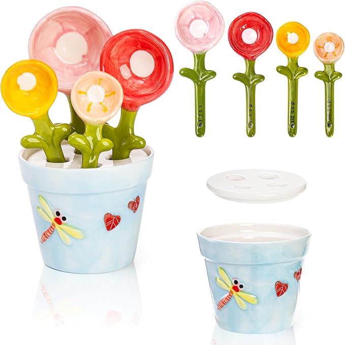 Coloch 5Pcs Ceramic Measuring Spoons and Cup, Flower Baking Scale Spoons with Base Set for Dry and Liquid Ingredient, 1/4 tsp, 1/2 tsp, 1 tsp, 1 Tbsp by Coloch