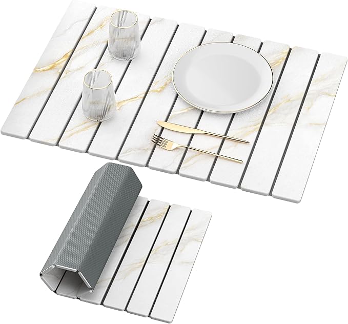 Yofidra Large Stone Dish Drying Mat for Kitchen Counter, Quick Dry Stone Mats with Absorbent Diatomaceous Earth, Foldable Roll Up Drying Organizer Pad for Utensils Plate, 24"×16", White Gold Marble by Yofidra