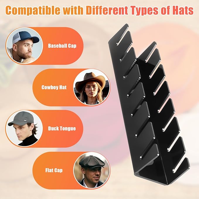 Hat Stand for Baseball Caps, 2 Pack No Install Acrylic Hat Organizer for 14 Baseball Caps Storage Organizer, Hat Racks Hat Holder Display and Organization for Closet, Bedroom, Dresser (Black-2Pack) - Image 6