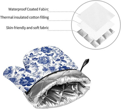 Blue and White Porcelain Floral Butterfly Oven Mitts and Pot Holders Set of 4,Vintage Chinoiserie Heat Resistant Non-Slip Potholders Oven Gloves and Pad for Kitchen Cooking Baking Grilling BBQ