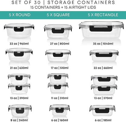 Razab 30 PC Glass Food Storage Containers with Lids - Reusable Glass Meal Prep Containers for Lunch and Leftovers - Airtight & Leakproof Snap Locking Lids - Oven, Freezer, Microwave, Dishwasher Safe - Image 2