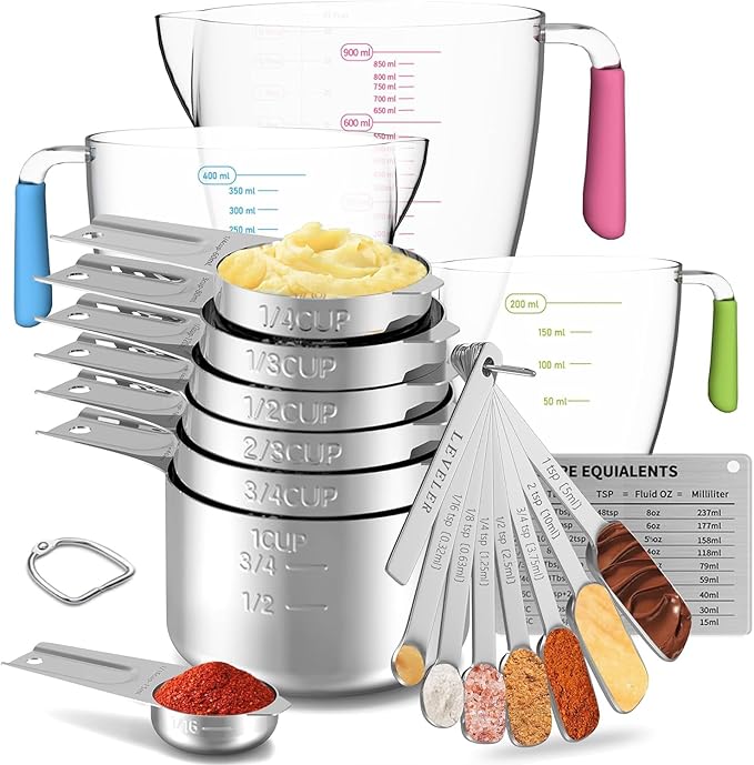 Stainless Steel Measuring Cups and Spoons Set, 6 Stainless Steel Measuring Cups, 7 Measuring Spoons & 1 Leveler, 3 Plastic Measuring Cup with 1 Measuring Conversion Chart by Unknown