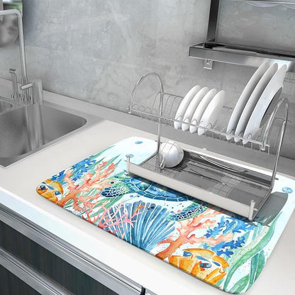 Giwawa Sea Turtle Dish Drying Mat 18x24in Watercolor Blue Tortoise Dish Drainer Mats Nautical Ocean Coral Seashell Seaweed Microfiber Dish Drying Pad for Kitchen Countertop Large Decor