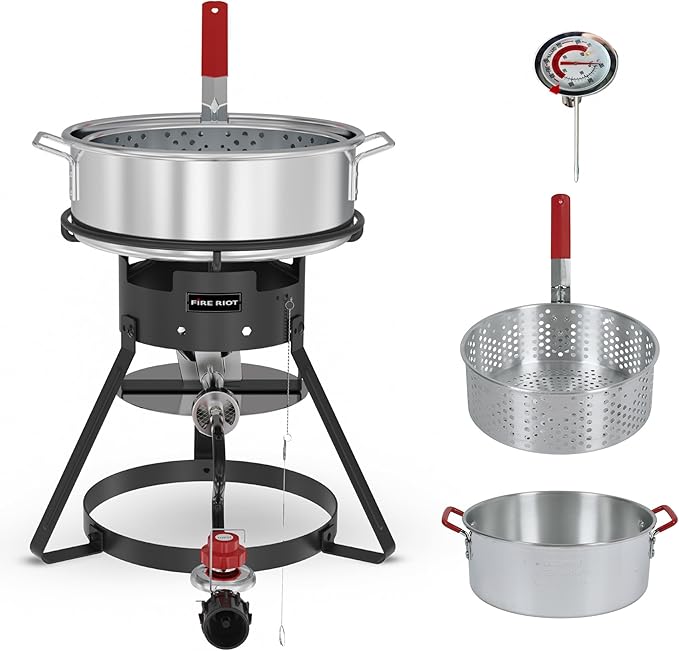 Fire Riot 10QT Outdoor Fish Fryer Kit – Heavy-Duty Aluminum Pot, 6.7QT Basket, Propane Deep Fryer with 0-10 PSI Regulator & Steel Frame – Ideal for Seafood & More