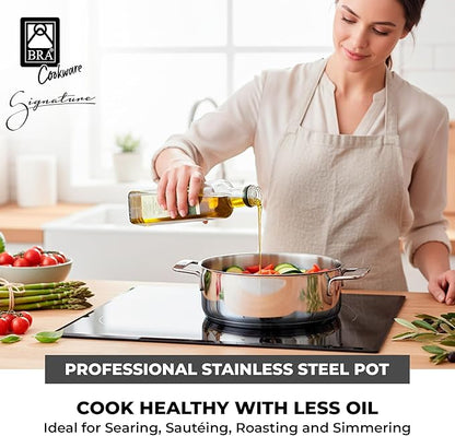 BRA COOKWARE Signature Stainless Steel Stock Pot w/Glass Lid | 8 Inch 2.4 Quart Professional Grade Cooking Pot | PFOA Free Deep Pot | All Cooktops | All Cooktops (incl. Induction) & Oven Safe