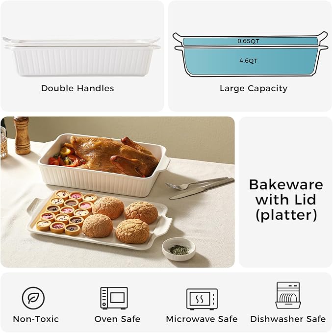 Dizada Large Casserole Dish with Lid 5.2 Qt (9"x13") - Deep 2-in-1 Porcelain Baking Pan, Ceramic Bakeware for Lasagna, Roasts, Oven Freezer Microwave Safe - Image 8