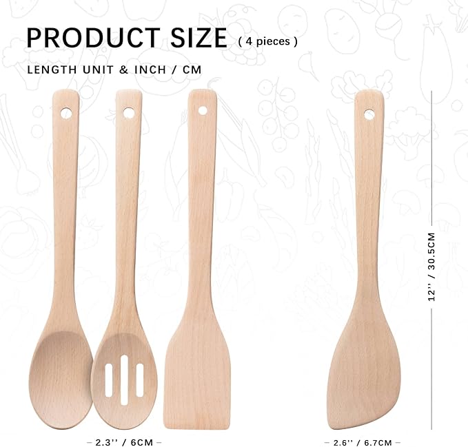 Wooden Spoons for Cooking, 4-Piece Wood Utensil Set Includes Slotted Spoon, Spoon & Wooden Spatula for Cooking – Uncoated Beech Wood Kitchen Utensil Set – 12 Inch Hardwearing Tools - Image 2