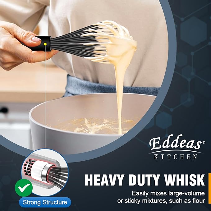 Whisks For Cooking - 500 °F Heat Resistant Silicone Whisk, Heavy Duty 7",9"&11inch Non-Scratch Balloon Kitchen Wisk tool Set, for cooking Wisking, Blending, Beating, Stirring, 3 Piece Black - Image 4