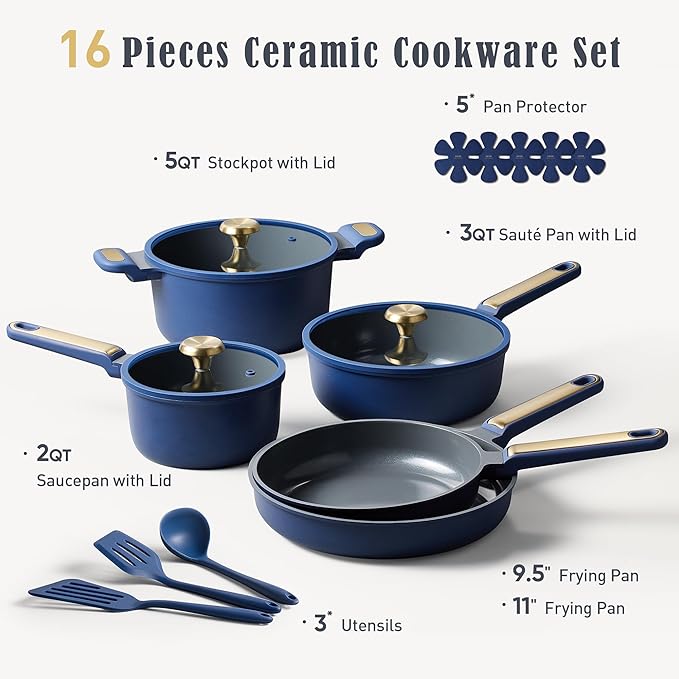 CAROTE Ceramic Cookwar Set, Pots and Pan Set Non Stick 16 Piece, Cookware Set Kitchen Cooking Set Non Toxic, PFAS PTFE Free, Blue - Image 2