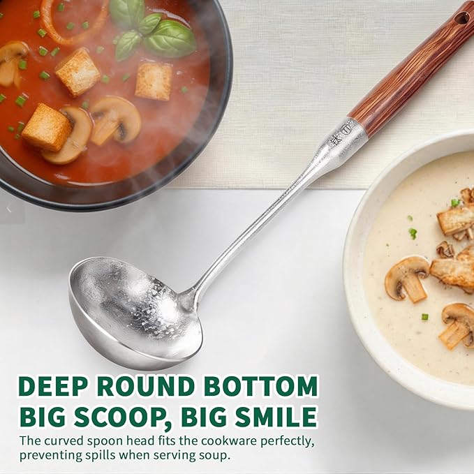 Newness Soup Ladle, [Rustproof, Heat Resistance] Resilient Pure Titanium Soup Spoon with Long Ergonomic Natural Wooden Round Handle, Non-Toxic Cooking Spoon for Kitchen, 14.56 Inches - Image 6