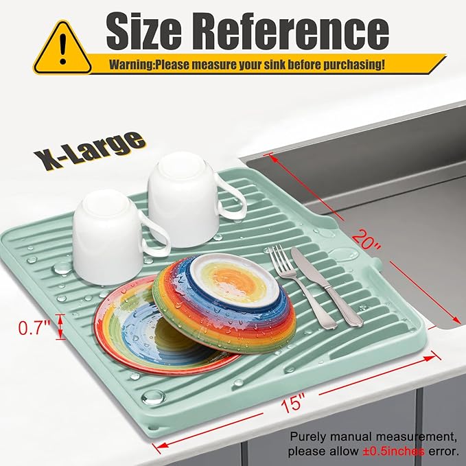TIKNIK Silicone Dish Drying Mat, Stone Drying Mat for Kitchen Counter with Built-In Drain, Non-Slip Drain Pad with Built-in Drain, Heat Resistant Stone Drying Mat, Hangable, Mint-1pcs, 20" x 15" - Image 2