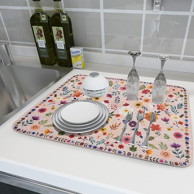 Spring Flowers Dish Drying Mat - Summer Pink Floral Washable Decorative Drying Pad for Women Home Kitchen Decor - Image 6