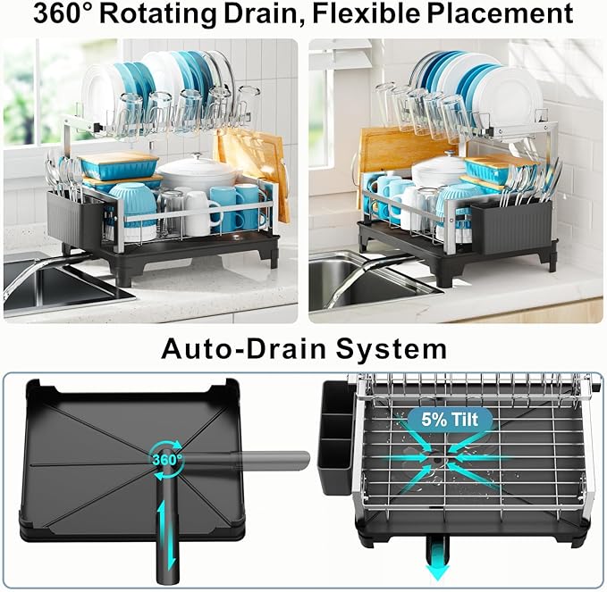 GSlife Stainless Steel Dish Drying Rack 2 Tier, Compact Dish Racks for Kitchen Counter with Cutting Board Holder, Auto-Drain Spout, Rust Proof Dish Drainer for Apartment, 21" L x 12.6" W, Silver - Image 3