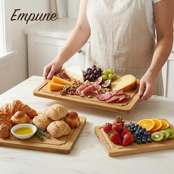 Extra Large Cutting Board Set of 3, Bamboo Cutting Boards for Kitchen with Juice Groove and Handles Kitchen Chopping Board for Meat Cheese board Heavy Duty Serving Tray, Empune - Image 7
