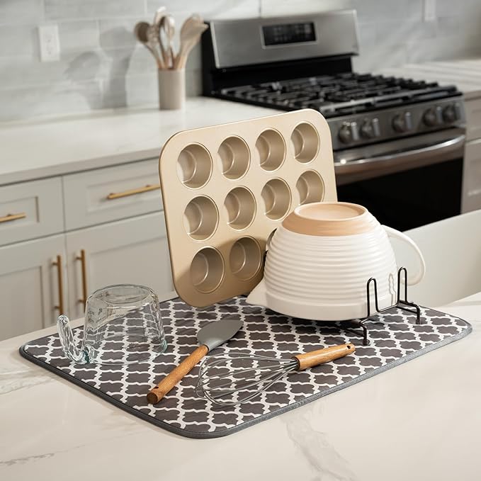 S&T INC. Dish Drying Mat XL, 18” x 24”, Absorbent Microfiber Kitchen Counter Mat, Dish Drying Pad for Dishes, Utensils, Pots and Pans, Extra Large, Pewter Grey Trellis - Image 2