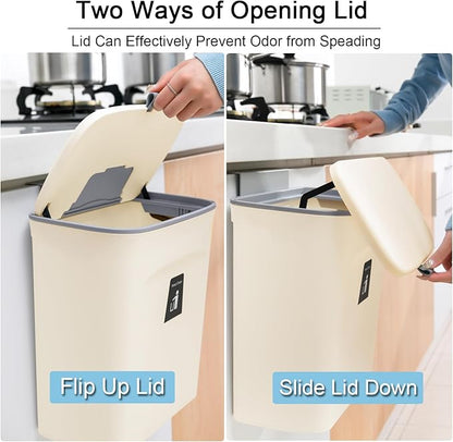 Tiyafuro 2.4 Gallon Kitchen Compost Bin for Counter Top or Under Sink, Hanging Small Trash Can with Lid for Cupboard/Bathroom/Bedroom/Office/Camping, Mountable Indoor Compost Bucket, Beige - Image 3