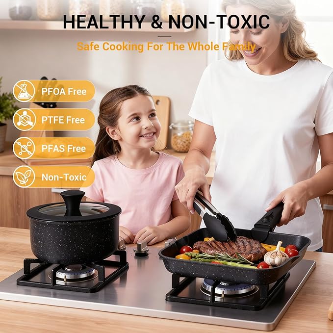Ammeloo 21 Pcs Pots and Pans Set Non Stick with Detachable Handle & Grill Pan, Induction Ceramic Cookware Set, Non Toxic Kitchen Pots and Pans Set for RVs,Camping, Oven/Dishwasher Safe, Black - Image 4