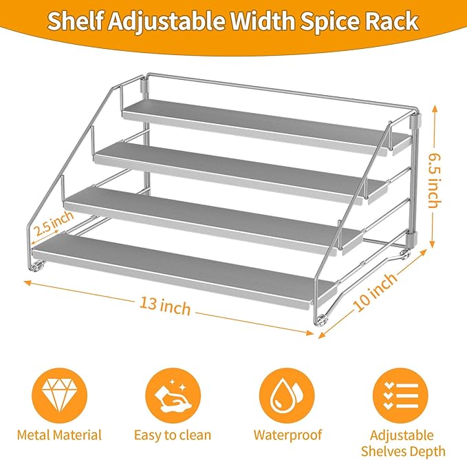 BOIVSHI 4 Tier Spice Rack for Cabinet, Spice Rack Organizer, Depth Adjustable Spice Organizer for Countertop, Cupboard, Pantry, Seasoning Shelf, Metal, Gray (1 Pack) - Image 4