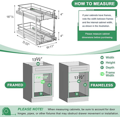 2-Tier Pull Out Cabinet Organizer (11" W x 22" D), Soft Close Cabinet Slide Out Shelves, Heavy Duty Slide Out Drawers with Shelf Liner for Kitchen Cabinets, Pantry Storage, Bathroom