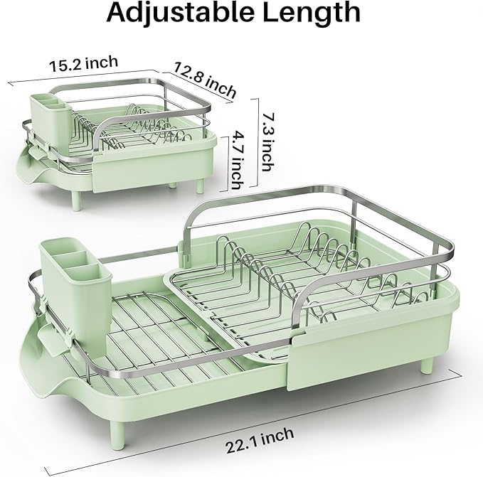 SNTD Dish Drying Rack, Expandable Dish Rack for Kitchen Counter, Stainless Steel Dish Drainer with Drainboard Set and Utensil Holder (Green) - Image 2