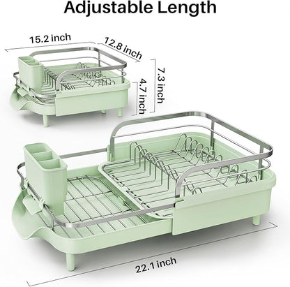 SNTD Dish Drying Rack, Expandable Dish Rack for Kitchen Counter, Stainless Steel Dish Drainer with Drainboard Set and Utensil Holder (Green) - Image 2